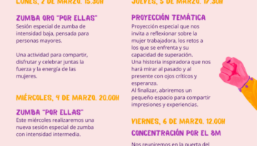 Cartel Programa actividades 8M día de la mujer moderno en violeta y rosa
