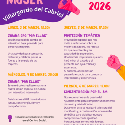 Cartel Programa actividades 8M día de la mujer moderno en violeta y rosa