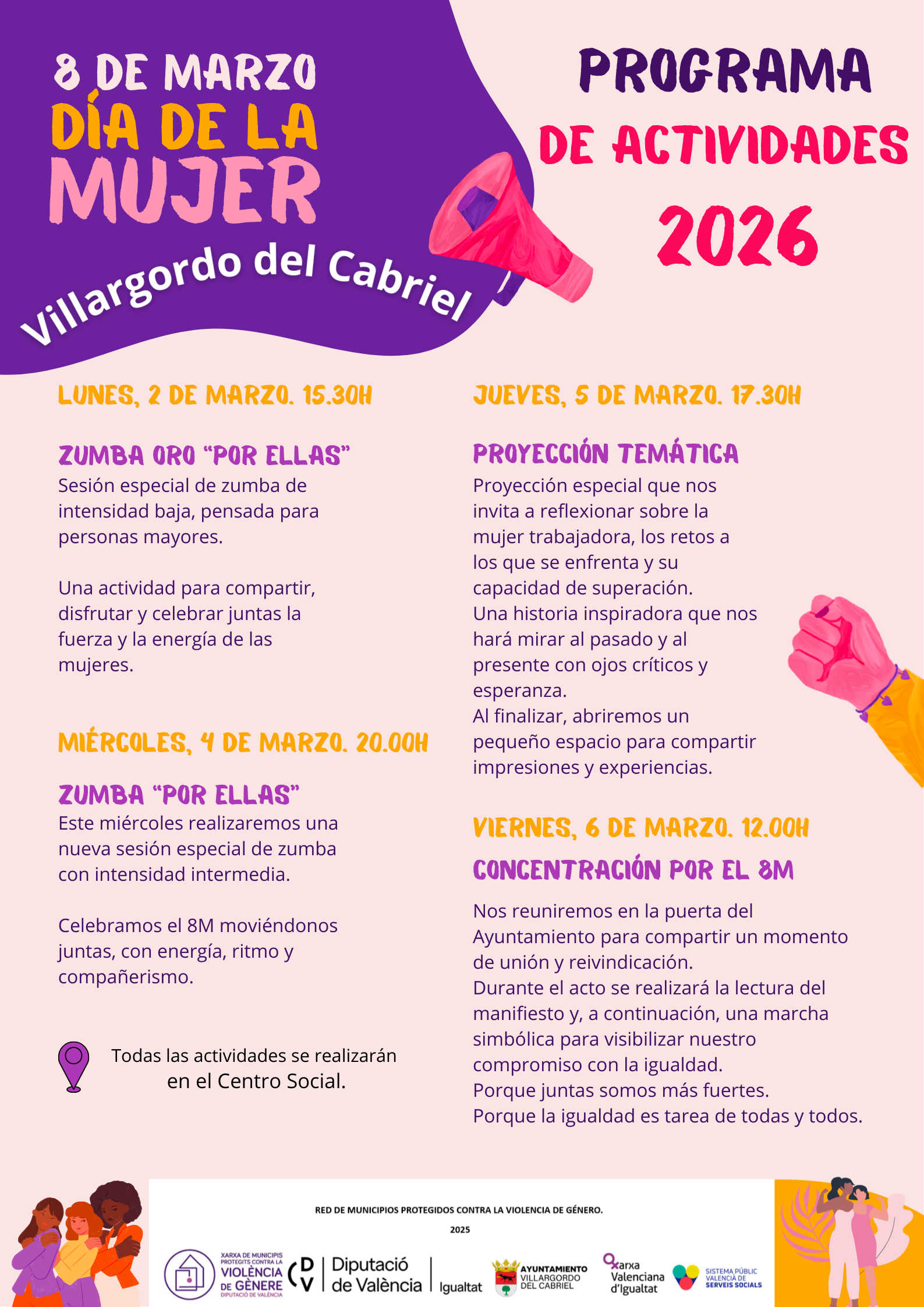 Cartel Programa actividades 8M día de la mujer moderno en violeta y rosa